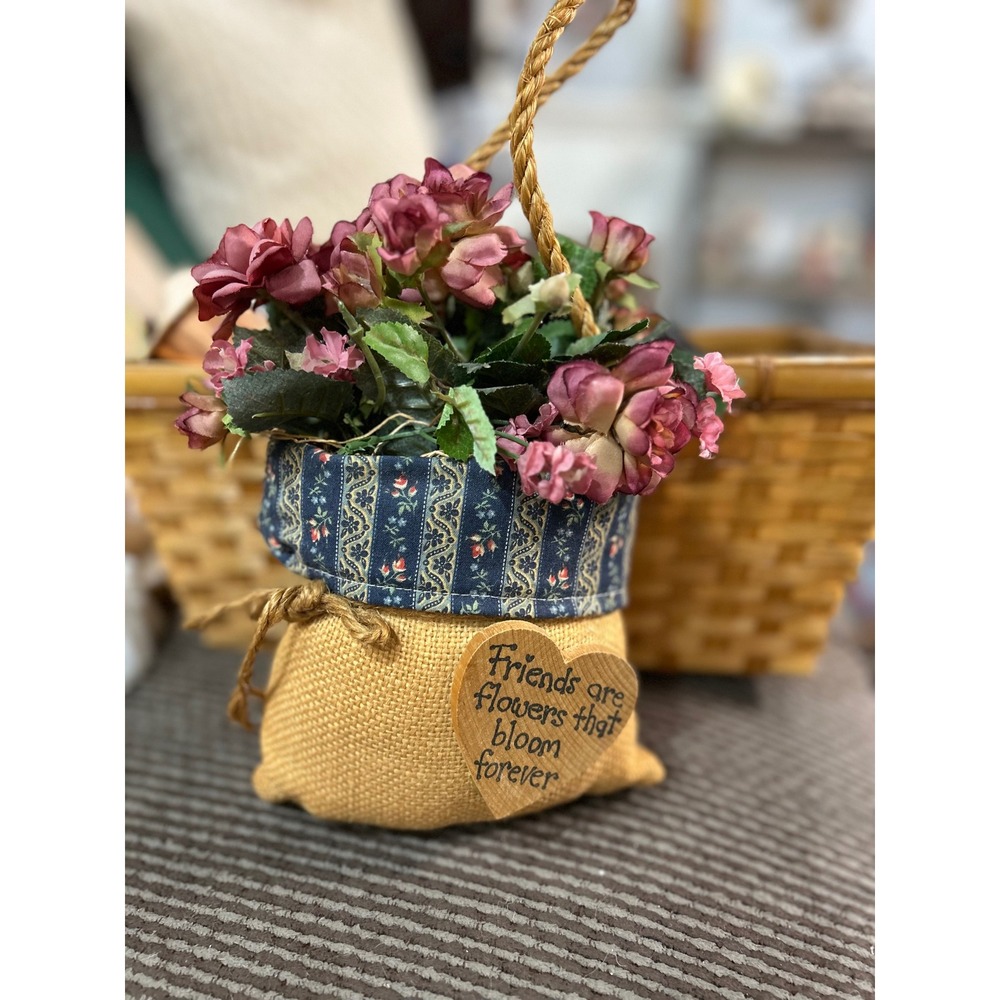 Rustic Burlap Faux Floral Arrangement Mauve Roses Friends Heart Cottage Decor